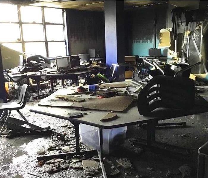 Classroom fire damages from soot and smoke